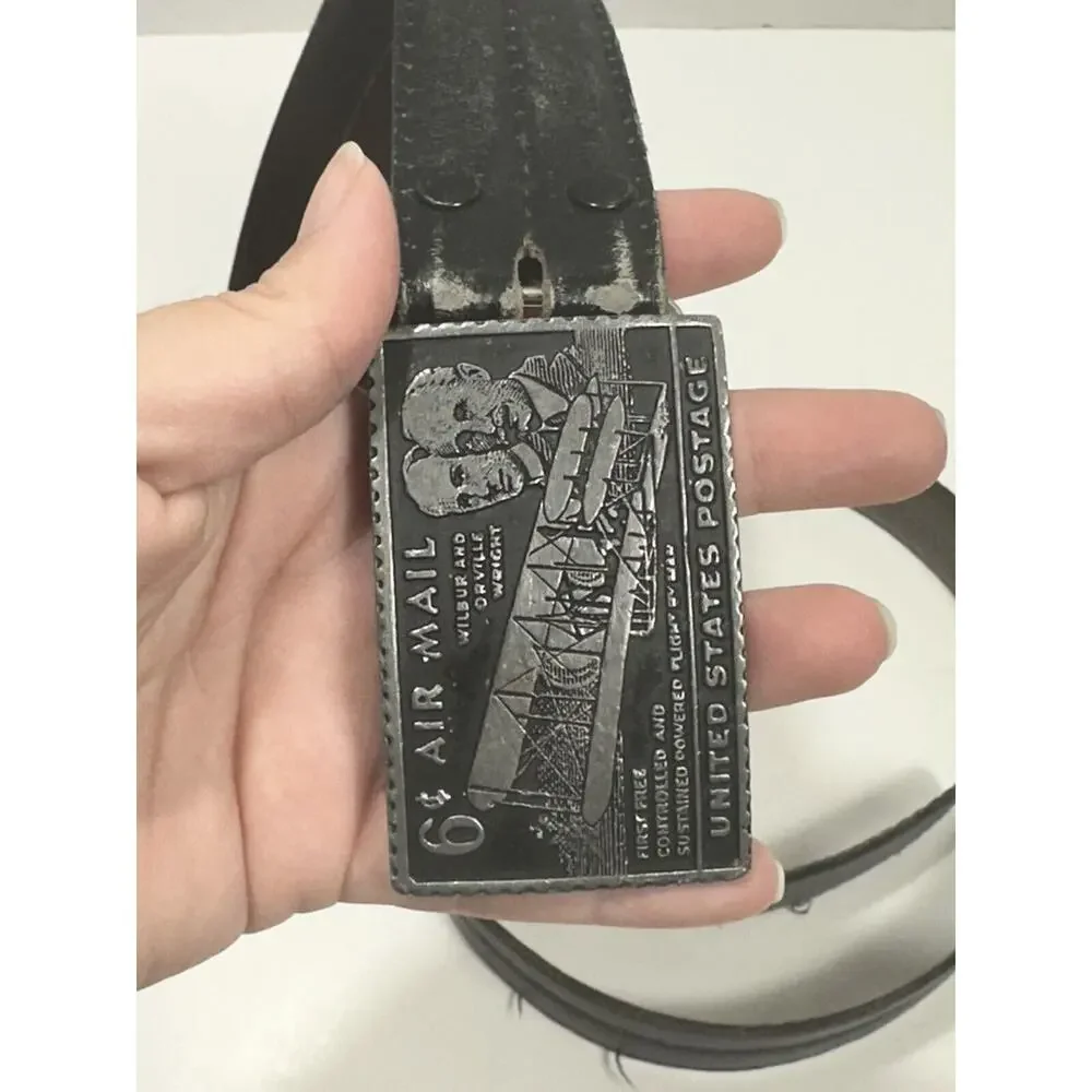 6 Cents‎ Air Mail US Postage Stamp Pewter Belt Buckle Argentina Leather Belt 38